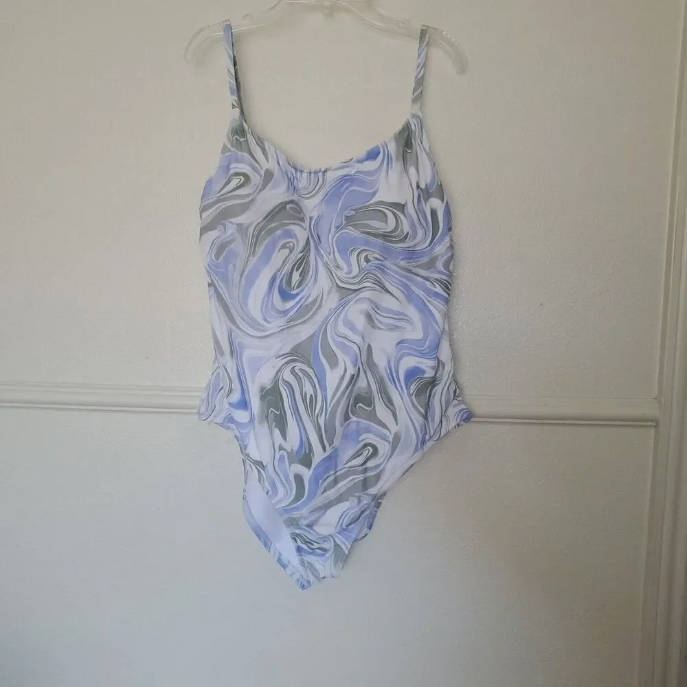 Hurley Womens XXL Marble Swirl One Piece Swimsuit Blue White Strappy Back XXL